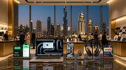 "Tabby vs Tamara UAE on a luxury Dubai electronics display with laptop, smartphone, smartwatch, and headphones
