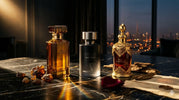 Best long lasting perfumes for men with luxury oud, amber, and noir fragrance bottles on a marble table in Dubai setting