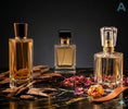 Top 10 perfume brands for male featuring luxury fragrance bottles with oud, amber, rose petals, and premium masculine scents