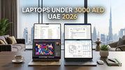 Laptops under 3000 AED in UAE 2026 for work, study, design, productivity, and everyday office use shown on a modern desk