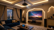 Luxury UAE home cinema living room with a ceiling-mounted projector displaying a large desert night scene on a projection screen.