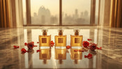 Best ladies perfume in UAE with luxury fragrance bottles and roses.