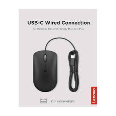 ماوس لينوفو 400 USB-C سلكي مدمج، ماوس USB بأربعة أزرار لأجهزة الكمبيوتر المحمولة والكمبيوتر، قابل للتعديل بدقة 2400 نقطة في البوصة، لليد اليسرى أو اليمنى، GY51D20875، أسود