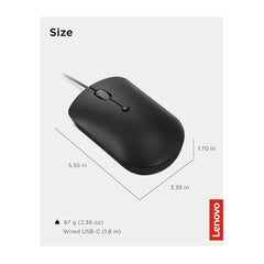 ماوس لينوفو 400 USB-C سلكي مدمج، ماوس USB بأربعة أزرار لأجهزة الكمبيوتر المحمولة والكمبيوتر، قابل للتعديل بدقة 2400 نقطة في البوصة، لليد اليسرى أو اليمنى، GY51D20875، أسود