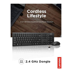 مجموعة لوحة المفاتيح والماوس اللاسلكية Lenovo 100 - مجموعة لاسلكية بمفاتيح هادئة مقاومة للانسكاب - لوحة مفاتيح ثلاثية المناطق - ماوس مناسب للاستخدام بكلتا اليدين - تصميم صغير الحجم - USB لاسلكي - أسود