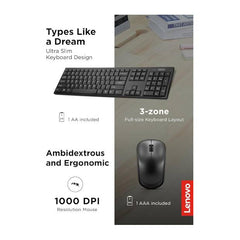 مجموعة لوحة المفاتيح والماوس اللاسلكية Lenovo 100 - مجموعة لاسلكية بمفاتيح هادئة مقاومة للانسكاب - لوحة مفاتيح ثلاثية المناطق - ماوس مناسب للاستخدام بكلتا اليدين - تصميم صغير الحجم - USB لاسلكي - أسود