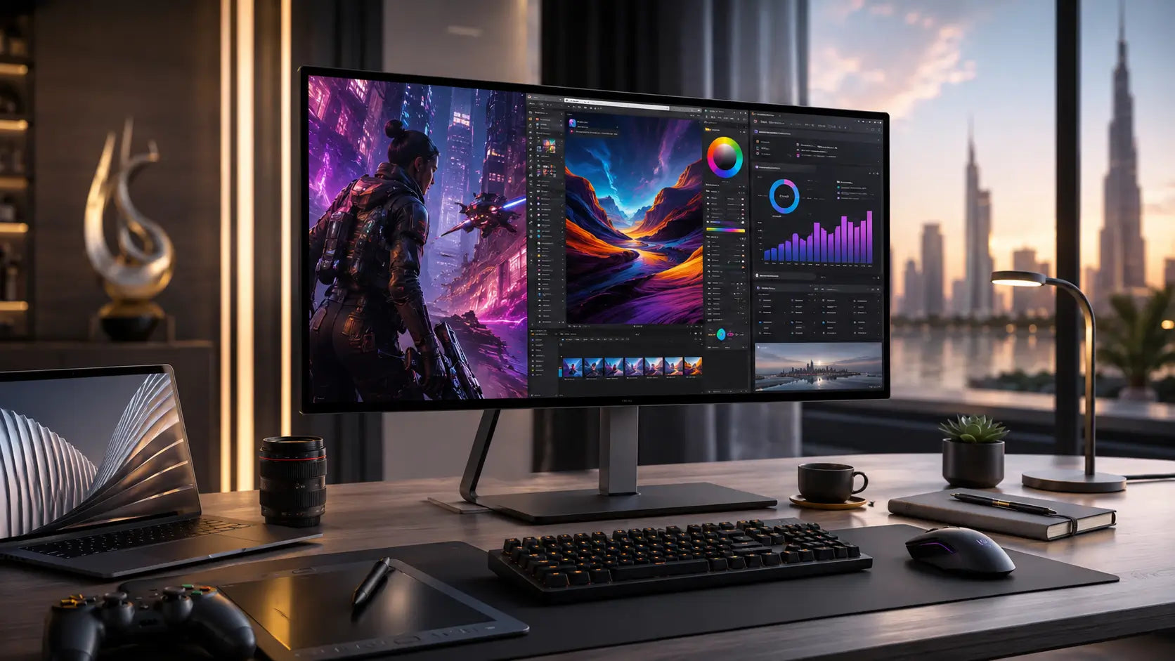 Modern 4K monitor setup for gaming, creative design, and daily work in a Dubai-inspired workspace.