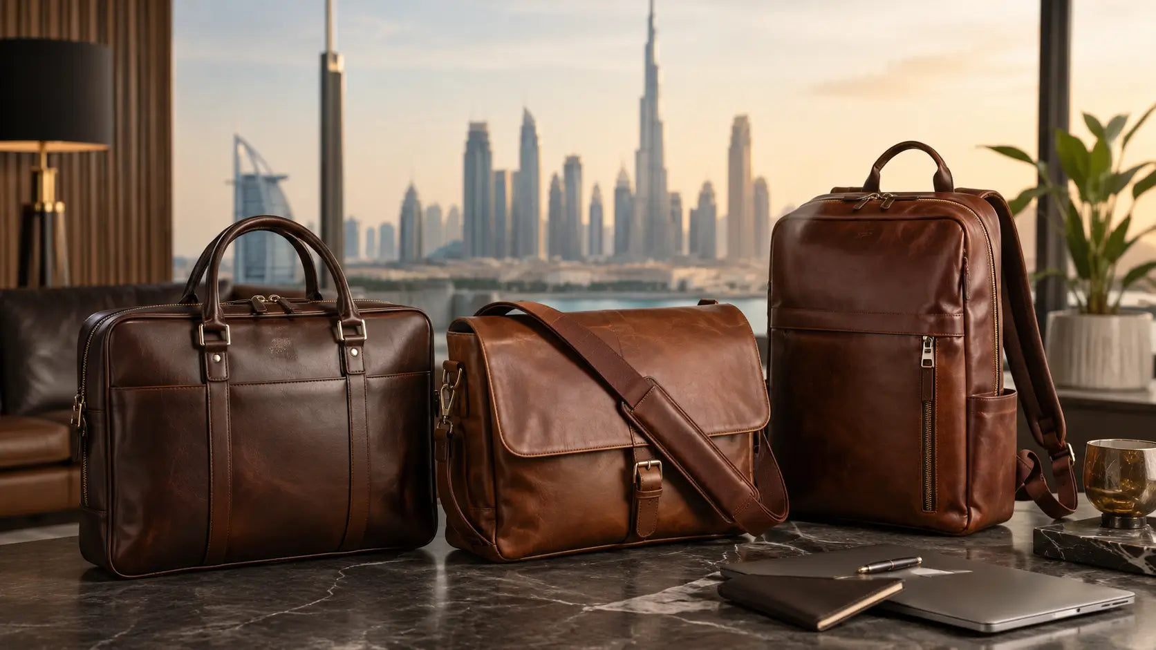 Best Leather Laptop Bags for Men in UAE in a premium Dubai workspace.
