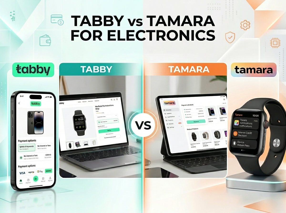 Comparison infographic of Tabby vs Tamara Buy Now Pay Later payment options for purchasing electronics online.