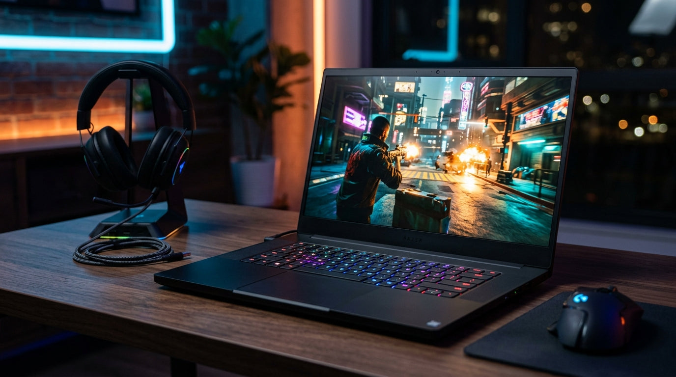 Razer gaming laptop running an action gameplay scene alongside a headset and wireless gaming mouse on a wooden desk.