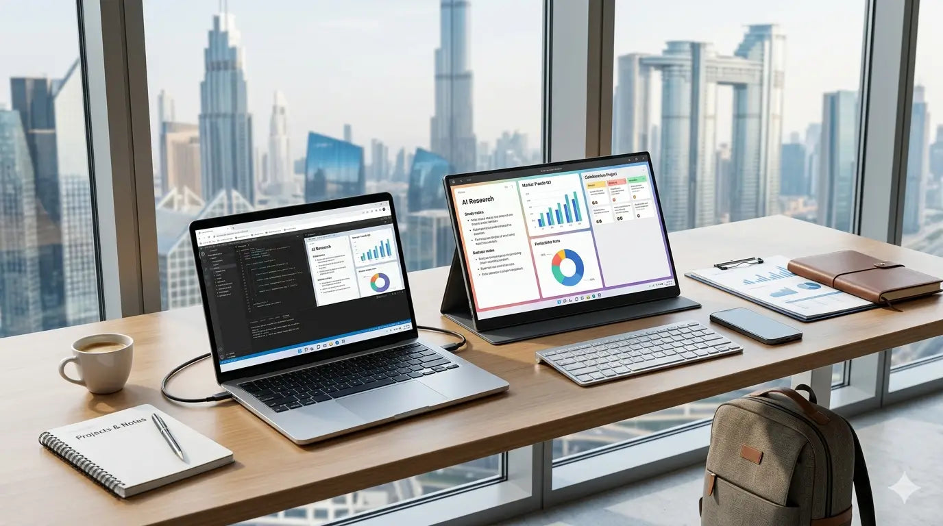 Portable monitor connected to a laptop on a modern UAE workspace desk with Dubai skyline view.
