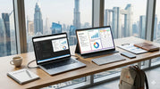 Portable monitor connected to a laptop on a modern UAE workspace desk with Dubai skyline view.