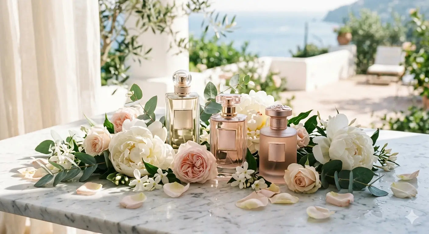 Best smelling perfume for ladies with elegant floral fragrance bottles, roses, white flowers, and a fresh luxury feminine scent setting