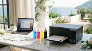 Best ink tank printer for home use with refillable color ink bottles, laptop, documents, and compact printer on a home office desk