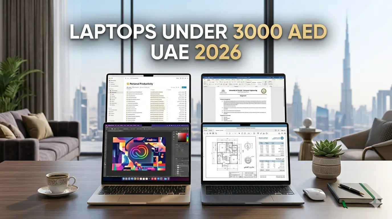 Laptops under 3000 AED in UAE 2026 for work, study, design, productivity, and everyday office use shown on a modern desk