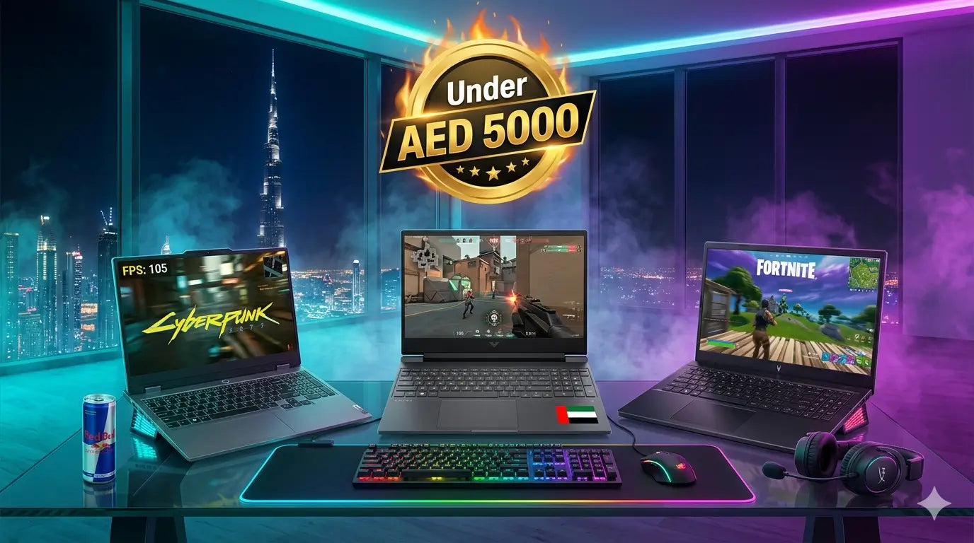 Best gaming laptops under AED 5000 in UAE 2026 with RGB setup, high FPS performance, and popular games on screen