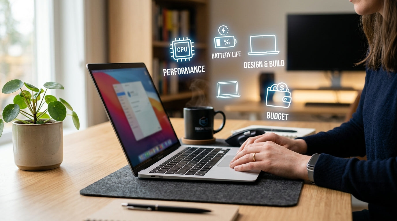 Person researching key factors to consider when choosing a laptop, including performance, battery life, design, and budget.