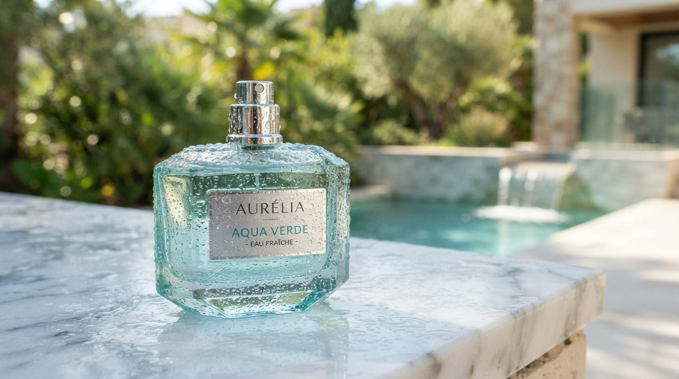 Aurélia Aqua Verde Eau Fraîche perfume bottle covered in water droplets beside a luxury pool.