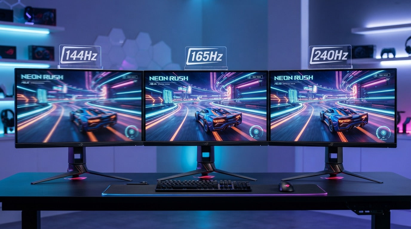 Side-by-side comparison of 144Hz, 165Hz, and 240Hz gaming monitors displaying high-speed racing gameplay.