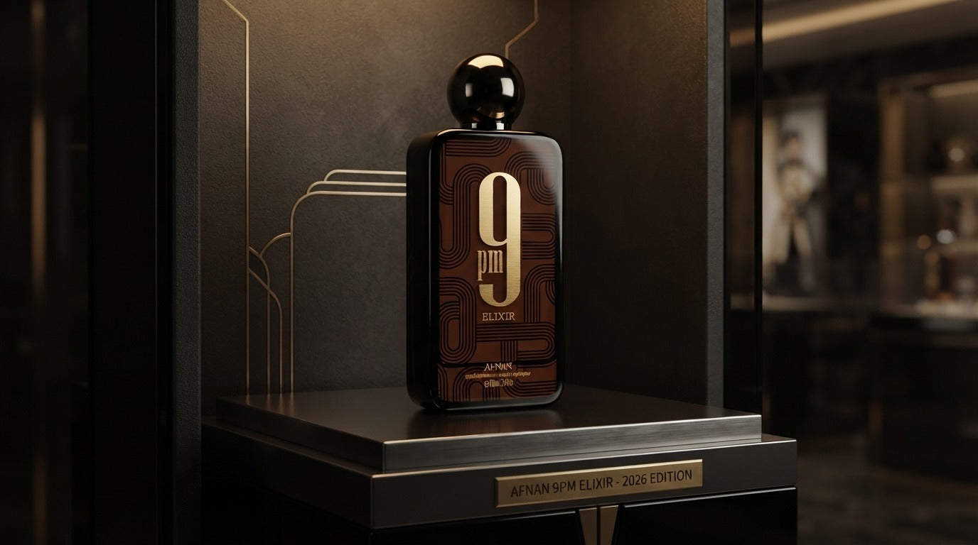 Afnan 9 PM Elixir 2026 Edition perfume bottle displayed in a luxury showcase.