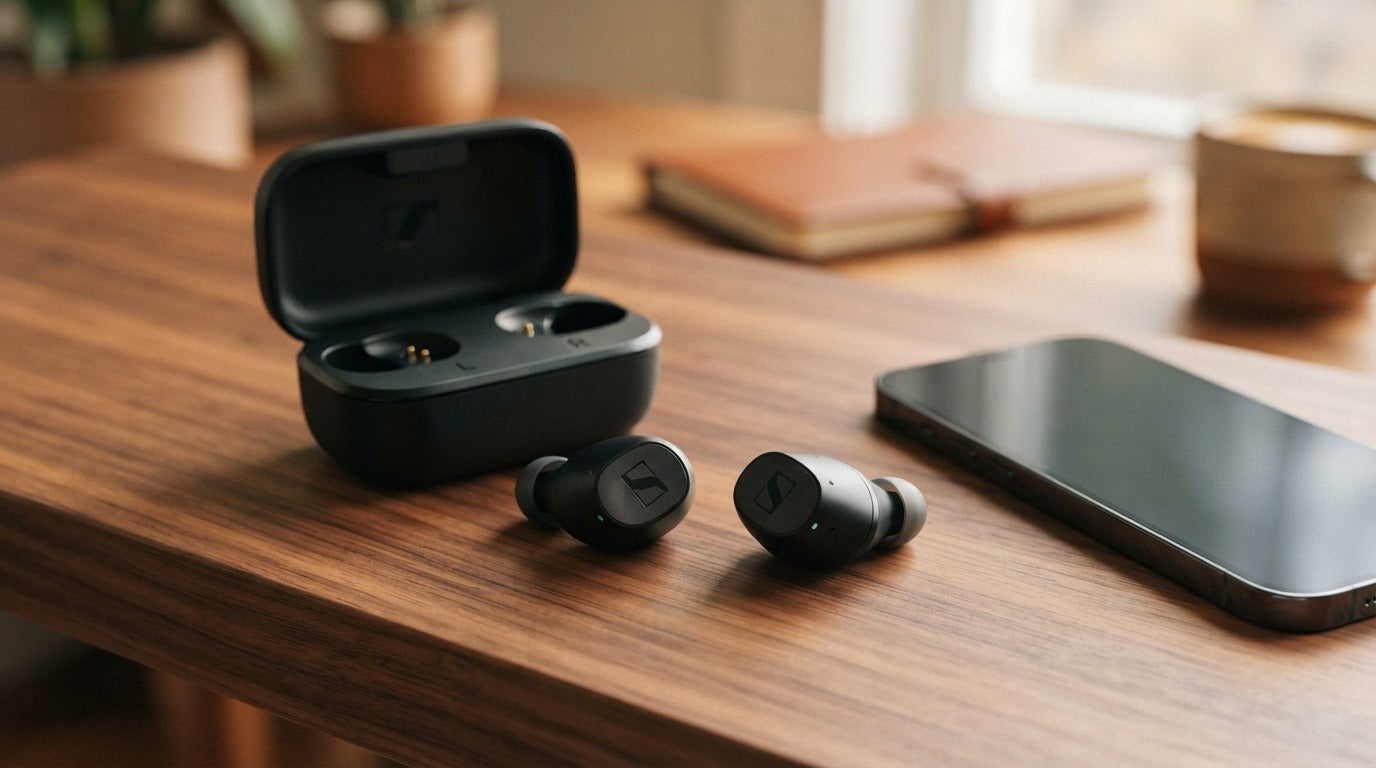 Sennheiser wireless earbuds resting on a wooden desk next to their charging case and a smartphone.