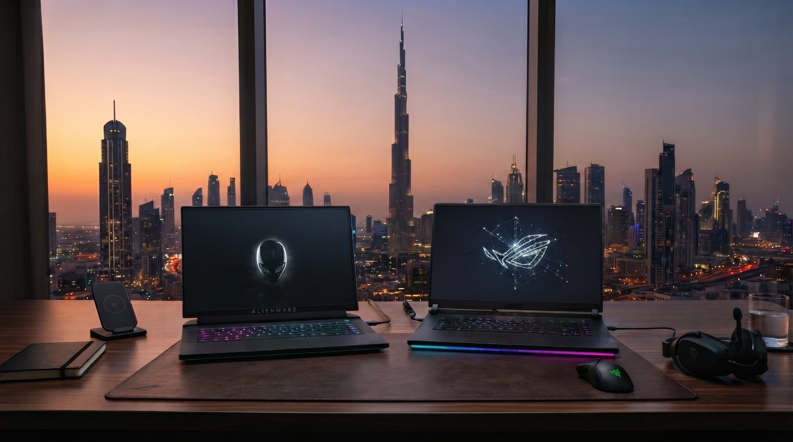 Alienware and ASUS ROG gaming laptops on a desk overlooking the Dubai skyline with Burj Khalifa at sunset.