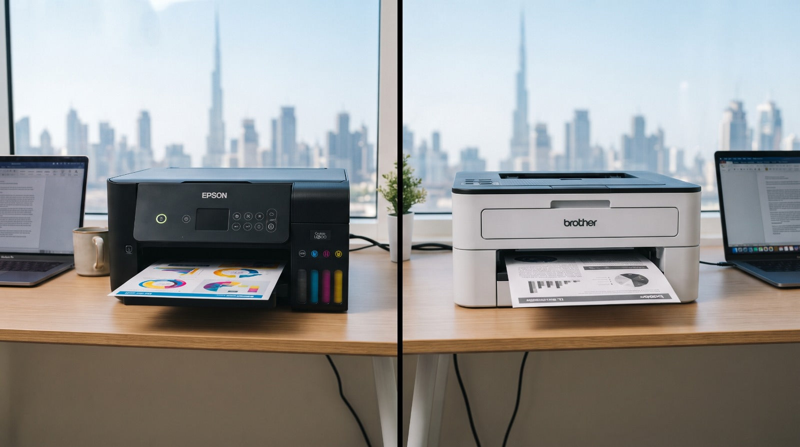 Side-by-side comparison of an Epson EcoTank inkjet printer and a Brother monochrome laser printer in an office overlooking the Dubai skyline.