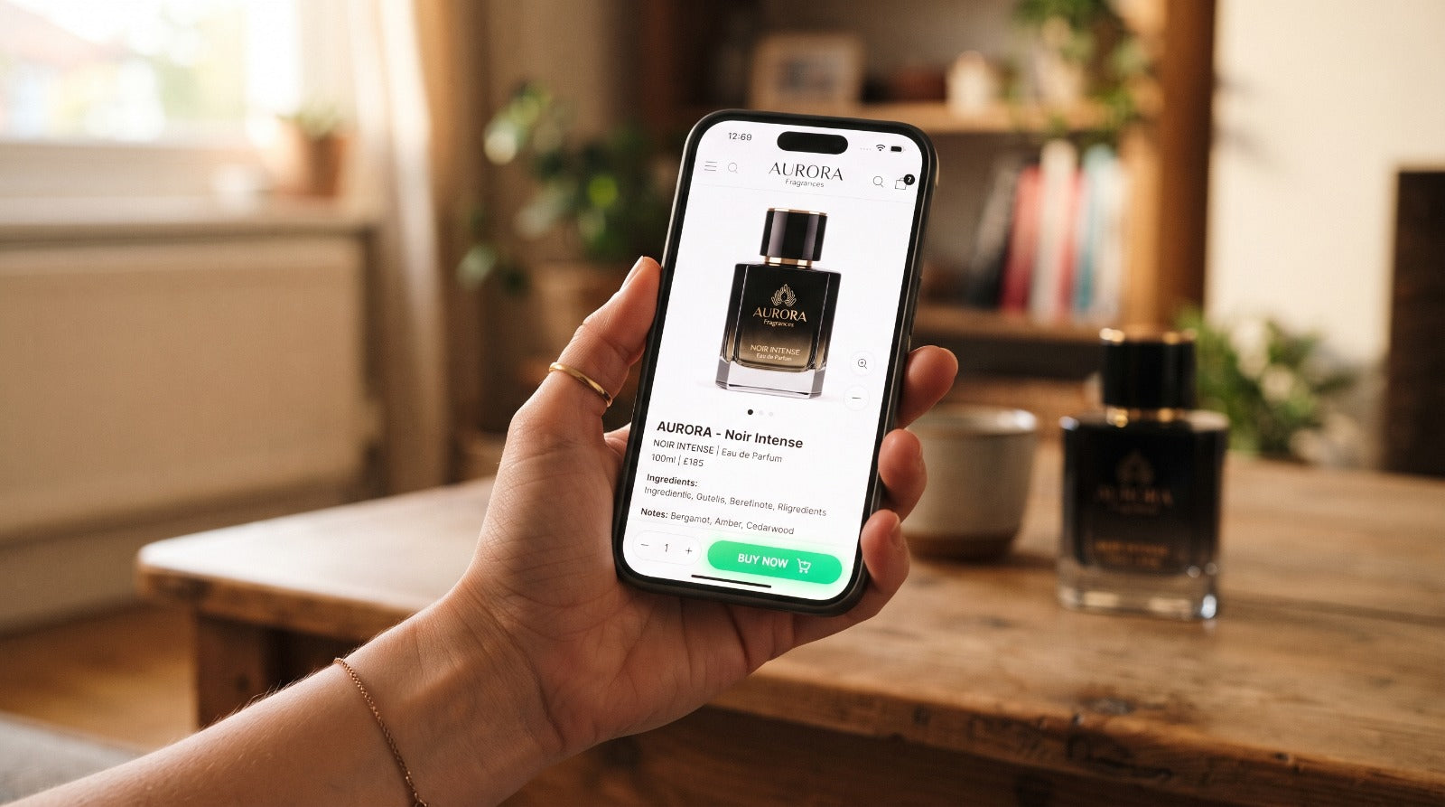 Person holding a smartphone displaying the product page for Aurora Fragrances Noir Intense Eau de Parfum.