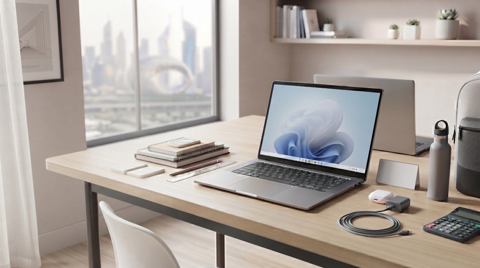Modern laptop running Windows 11 on a wooden office desk overlooking the Dubai skyline.