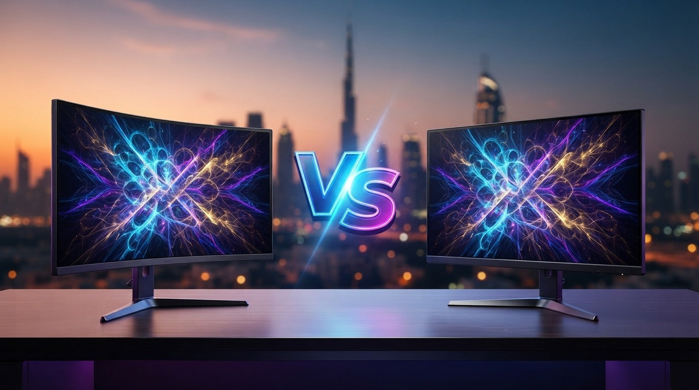 Curved monitor vs flat monitor comparison setup on a desk overlooking the Dubai skyline.