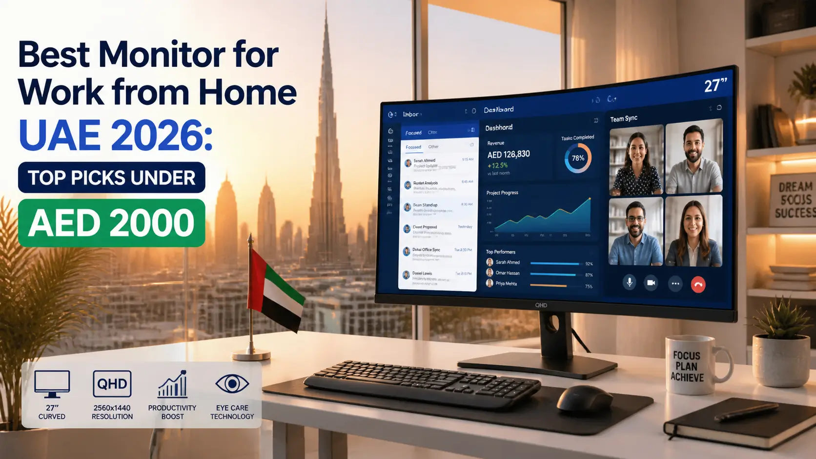 Best monitor for work from home in UAE 2026 under AED 2000 with 27 inch QHD curved display, eye care and productivity features