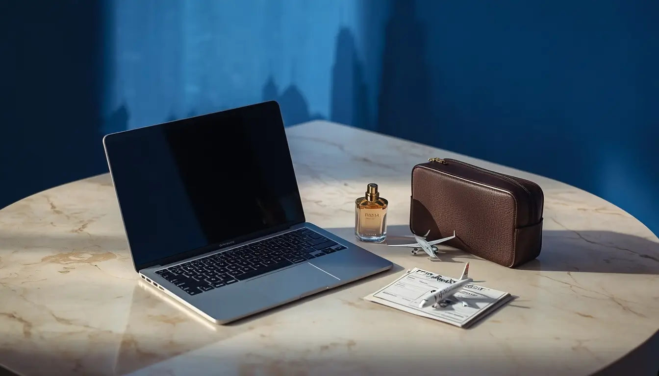 Laptop, perfume and travel bag flat lay representing UAE to India duty-free shopping for electronics and gifts