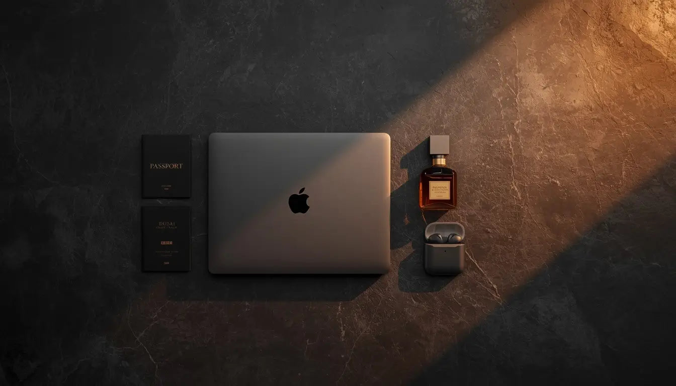 Laptop, perfume, earbuds and passport flat lay for UAE to Pakistan customs duty-free travel guide