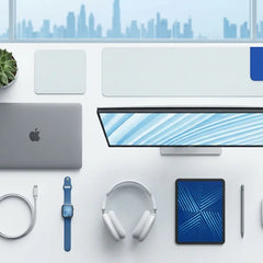 Premium electronics collection in Dubai featuring laptop, curved monitor, headphones, tablet, smartwatch, mouse and tech accessories.