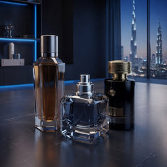 Luxury perfume collection featuring three elegant glass fragrance bottles displayed on a reflective dark marble desk with a cinematic blue-toned backdrop of the Dubai night skyline.