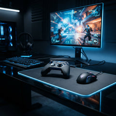 Modern PC gaming setup featuring a monitor displaying an action game, an RGB gaming mouse and wireless controller on a glowing LED mousepad, a mechanical keyboard, and a headset on a dark reflective desk.