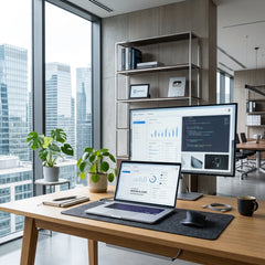 Modern office desk setup featuring a silver laptop showing analytics dashboards, an external desktop monitor, an ergonomic mouse, and potted green plants on a wooden desk with a city skyscraper view through large windows.