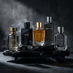 Premium men's fragrance collection featuring five elegant perfume bottles labeled TERRA, NOIR, AURUM, AETERNA, and ECLIPSE, displayed on raw black obsidian slabs with dramatic lighting and rising smoke.