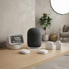 Smart home automation devices featuring a charcoal Google Nest smart speaker, a digital smart clock displaying the time 7:05 AM, a Philips Hue bridge, and various wireless smart sensors on a light wooden tabletop.