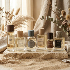 Six AEON perfume bottles with wooden and stone caps on a rough limestone pedestal, surrounded by sand and dried botanicals in a minimalist setting.