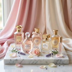 Six luxury perfume bottles labeled L'Elixir de Rose and Jardin de Lavande on a white marble slab with lavender sprigs and rose petals against draped fabric.