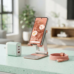 Modern mobile accessories display featuring a smartphone on a silver and pink adjustable stand, a mint green 65W multi-port wall charger, and a coiled pink braided USB-C cable on a light green countertop.