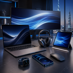 Premium consumer electronics collection display featuring an ultrawide desktop monitor, a space-gray laptop, a tablet with stylus, over-ear headphones, and a smartphone on a dark marble desk overlooking the Dubai night skyline.
