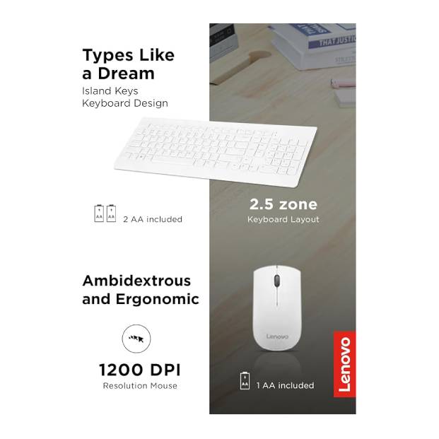 Lenovo 510 Wireless Combo with 2.4 GHz USB Receiver, Slim Full Size Keyboard, Full Number Pad, 1200 DPI Optical Mouse, Left or Right Hand, GX30W75336, White