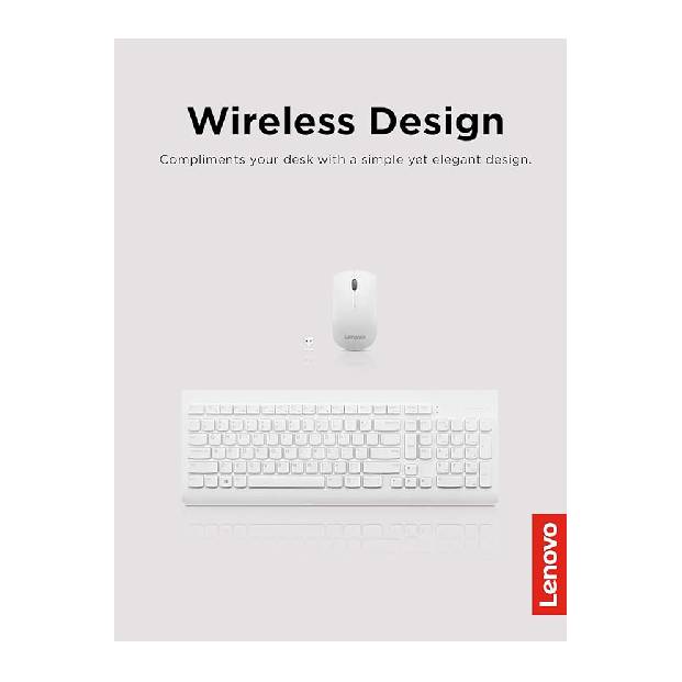Lenovo 510 Wireless Combo with 2.4 GHz USB Receiver, Slim Full Size Keyboard, Full Number Pad, 1200 DPI Optical Mouse, Left or Right Hand, GX30W75336, White