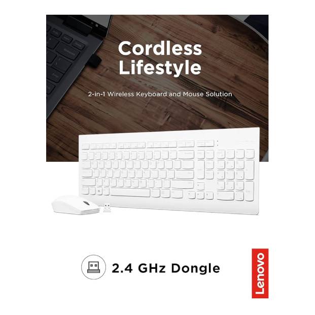 Lenovo 510 Wireless Combo with 2.4 GHz USB Receiver, Slim Full Size Keyboard, Full Number Pad, 1200 DPI Optical Mouse, Left or Right Hand, GX30W75336, White