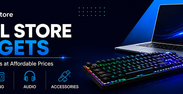 Amal Estore banner showcasing laptops, RGB mechanical gaming keyboards, and wireless earbuds