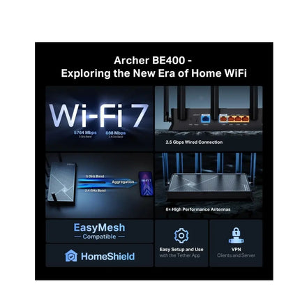 TP-Link Archer BE400 WiFi 7 Router Dual Band 6500Mbps with Dual 2.5G Ports and HomeShield