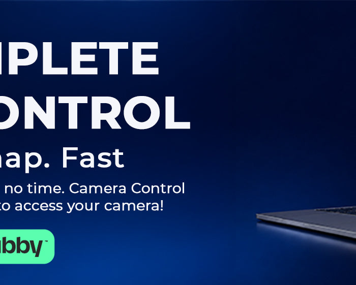 Apple iPhone and MacBook tech banner with text Gain Complete Camera Control featuring Tabby and Tamara logos