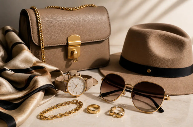 Beige crossbody handbag with gold chain, hat, sunglasses, watch and jewelry in a luxury accessories flat lay.